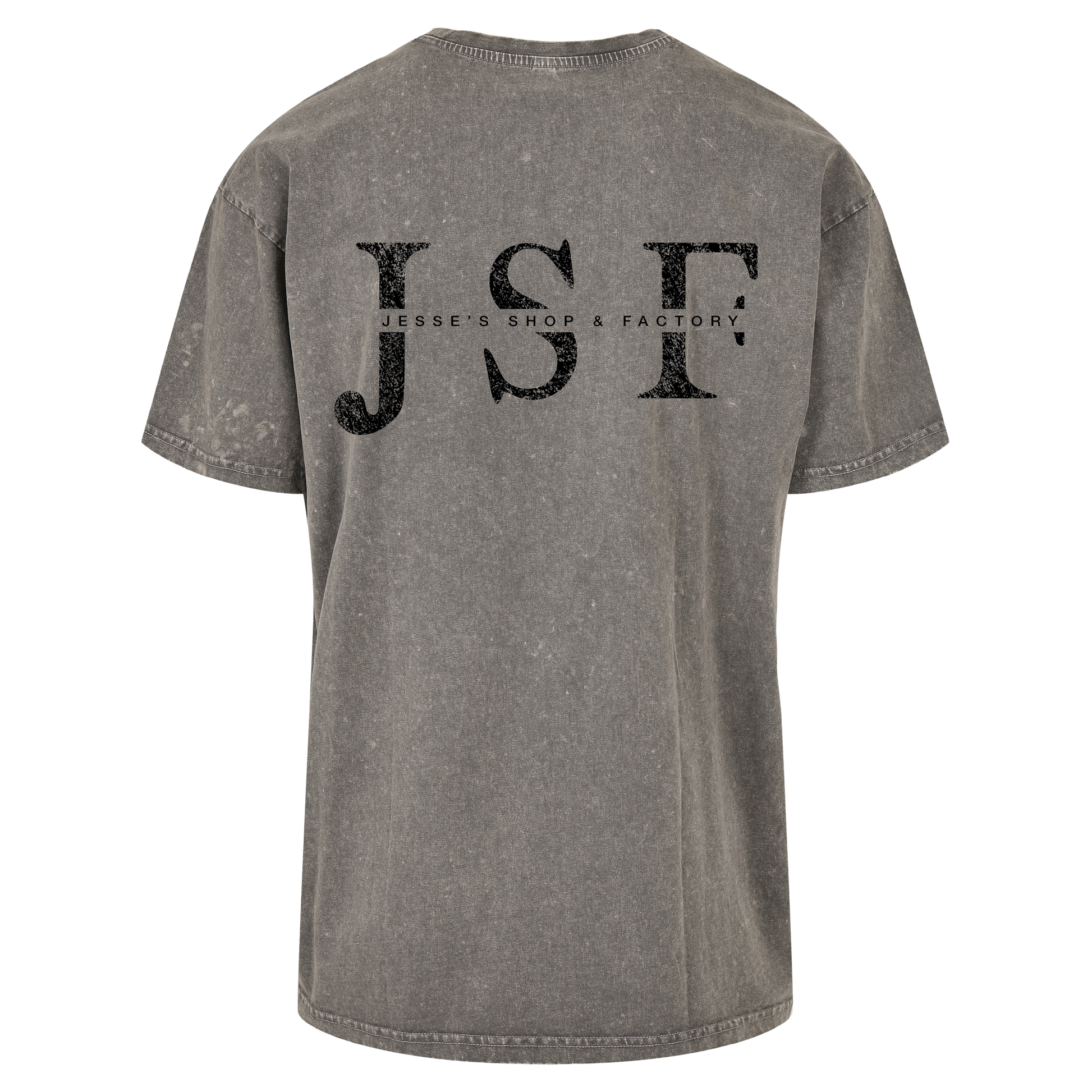 JSF Logo Tee mockup in asphalt grey acid wash featuring bold JSF Logo back print.