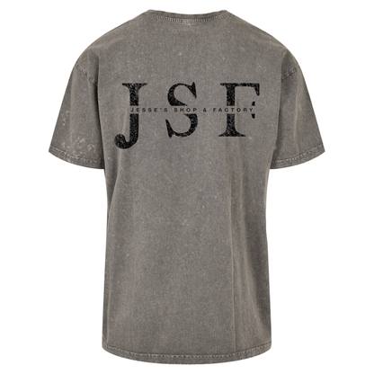 JSF Logo Tee mockup in asphalt grey acid wash featuring bold JSF Logo back print.