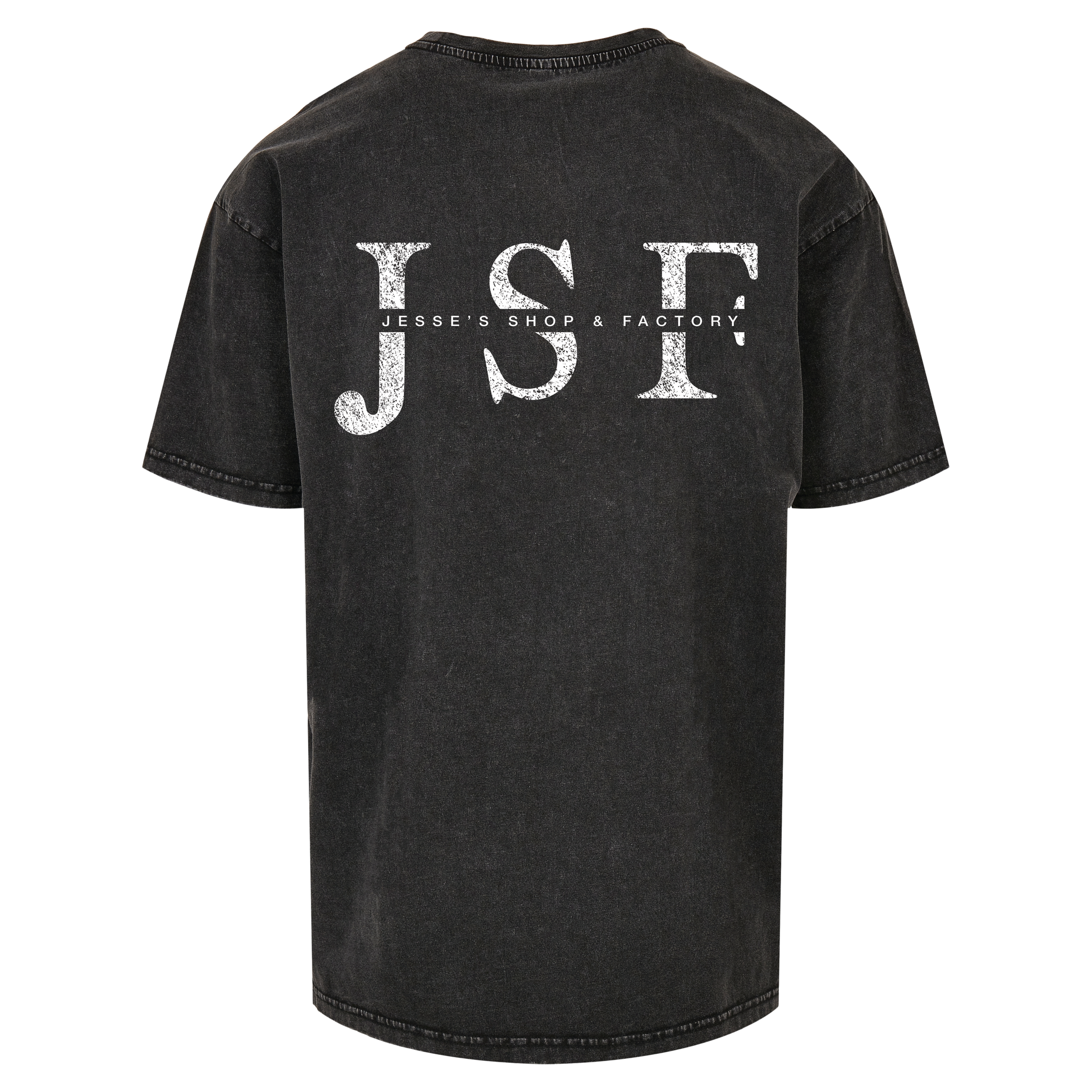 JSF Logo Tee mockup in black acid wash featuring bold JSF Logo back print.