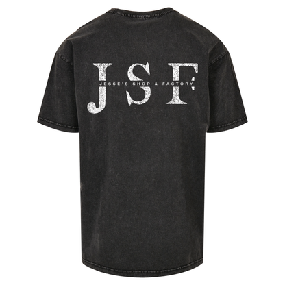 JSF Logo Tee mockup in black acid wash featuring bold JSF Logo back print.