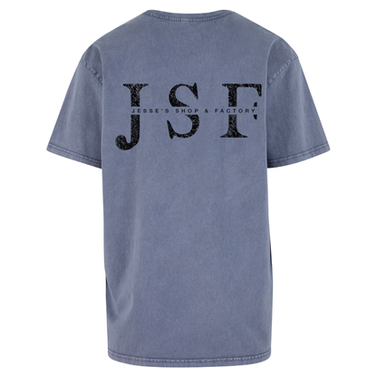 JSF Logo Tee mockup in vintage blue acid wash featuring bold JSF Logo back print.