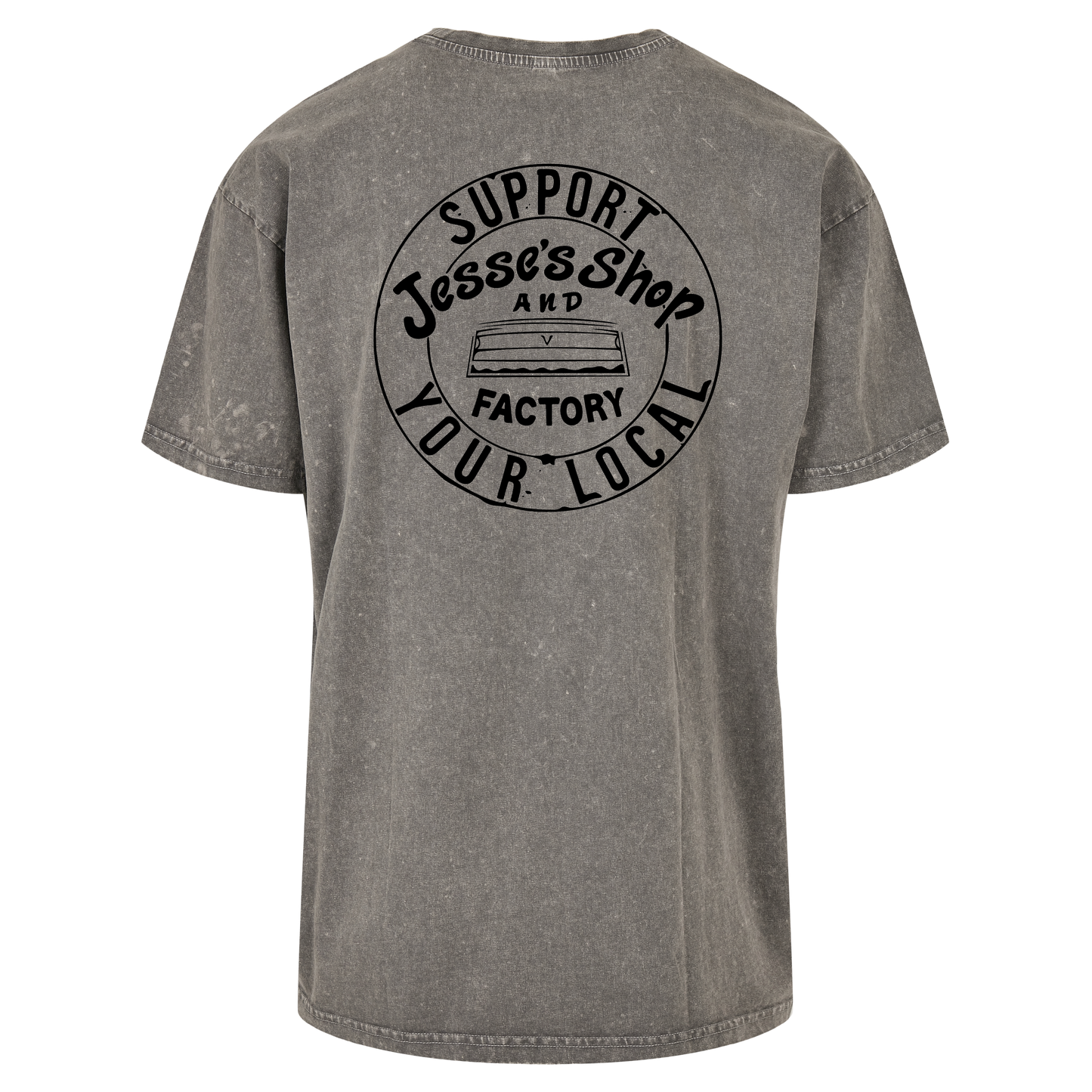 Mockup of support your local Tee in asphalt grey acid wash, featuring support your local graphic on the back.