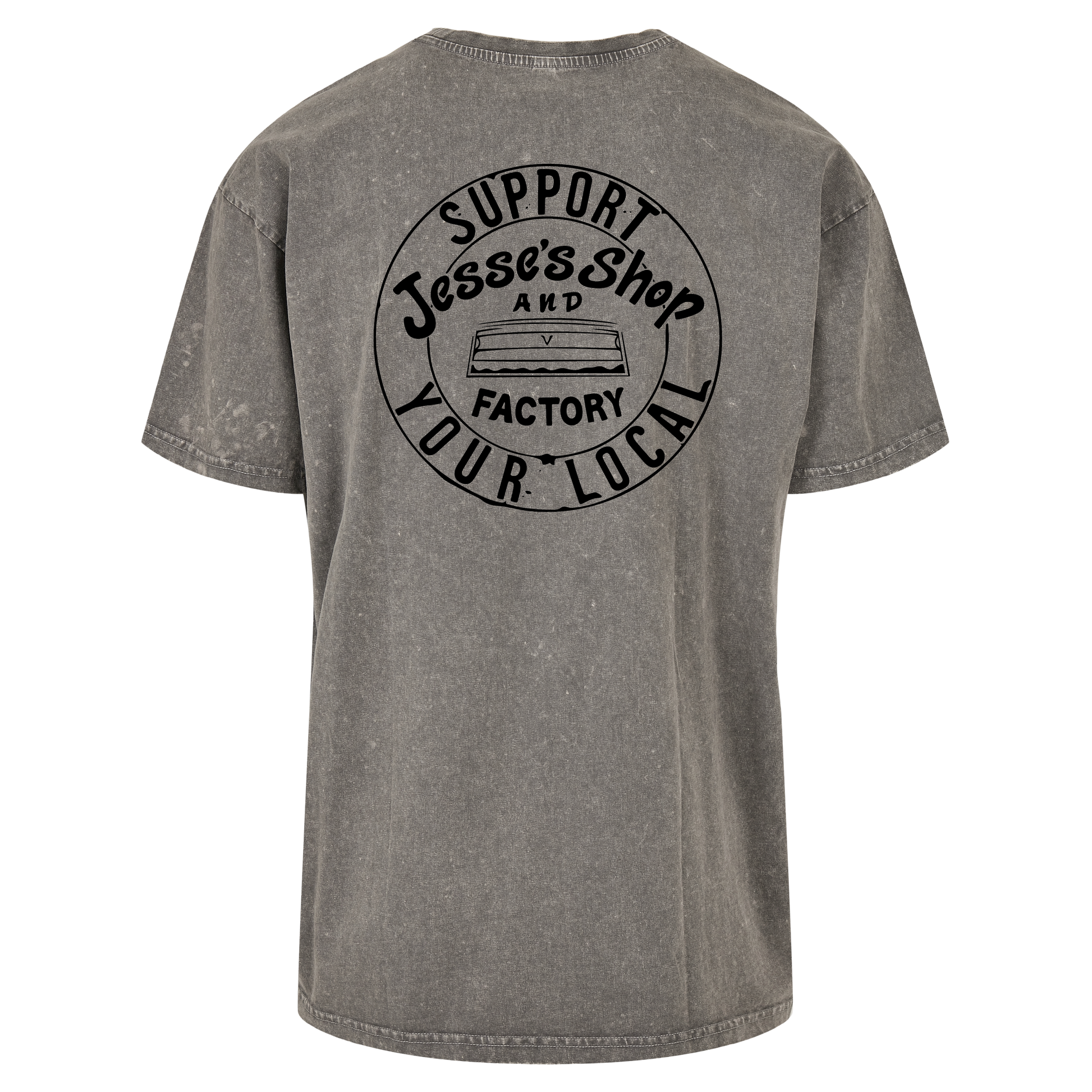 Mockup of support your local Tee in asphalt grey acid wash, featuring support your local graphic on the back.