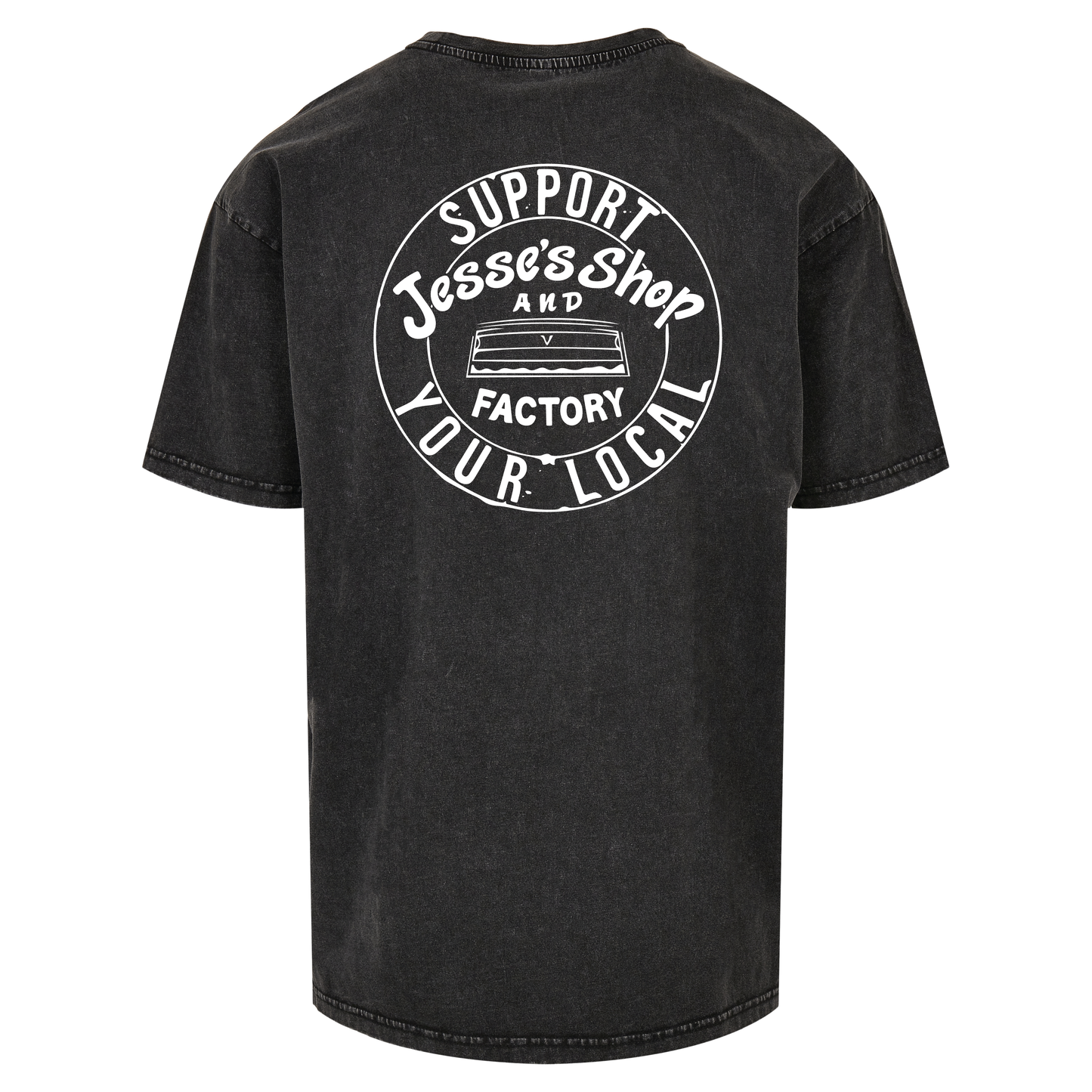 Mockup of support your local Tee in black acid wash, featuring support your local graphic on the back.