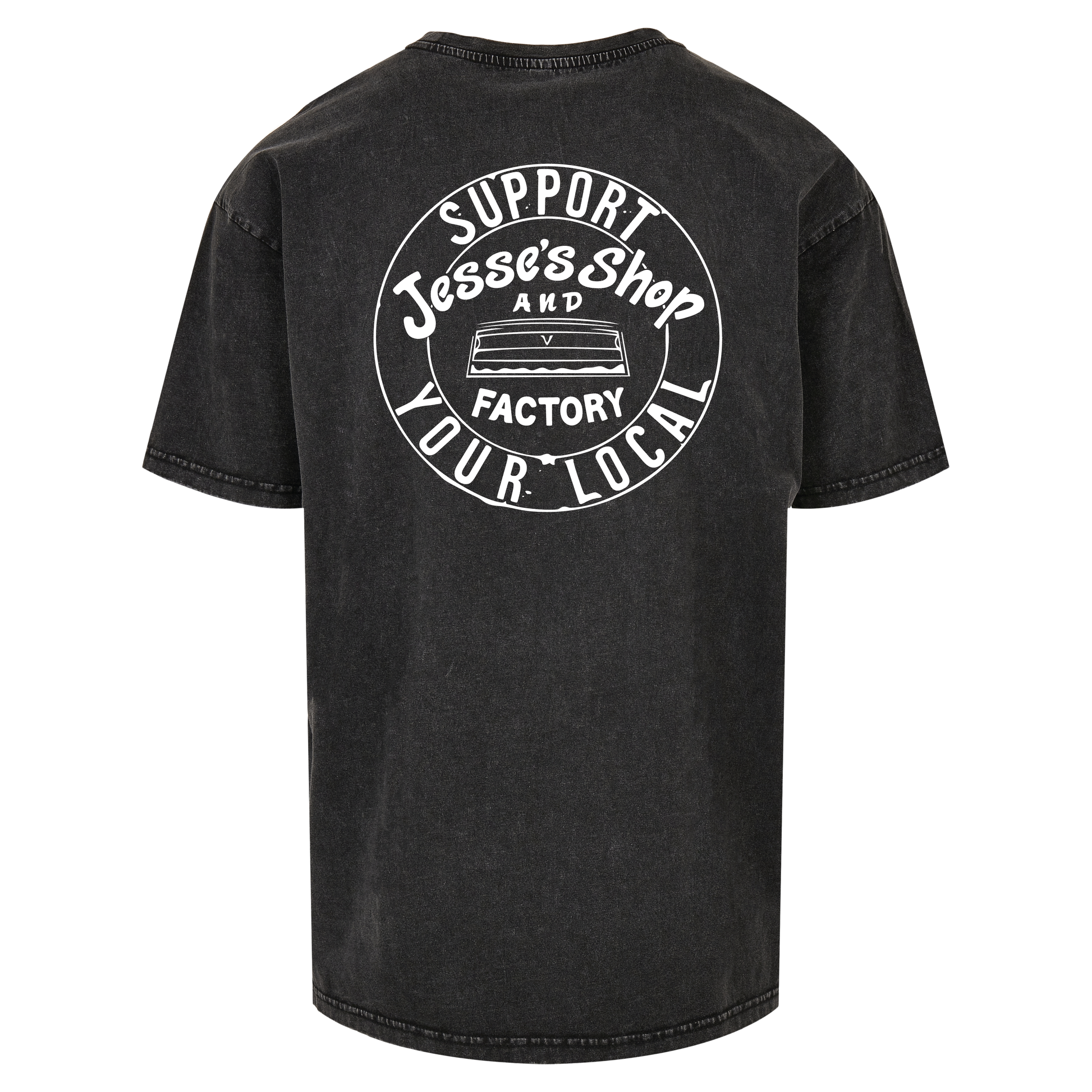 Mockup of support your local Tee in black acid wash, featuring support your local graphic on the back.