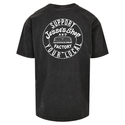 Mockup of support your local Tee in black acid wash, featuring support your local graphic on the back.