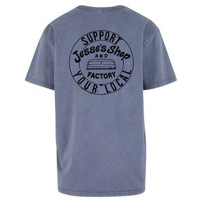Mockup of support your local Tee in vintage blue acid wash, featuring support your local graphic on the back.