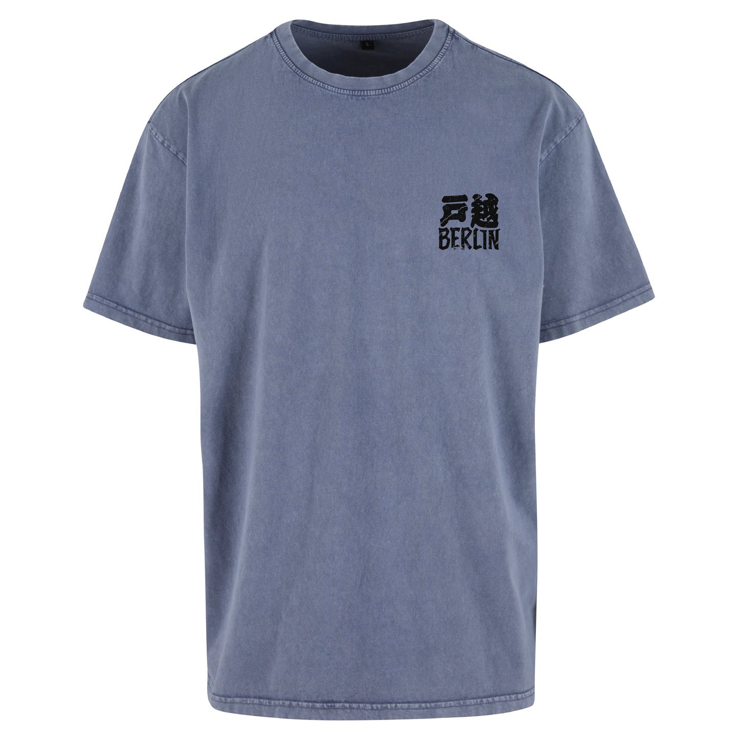 JSF support your local Tee mockup in vintage blue acid wash featuring Togoshi Berlin chest logo.