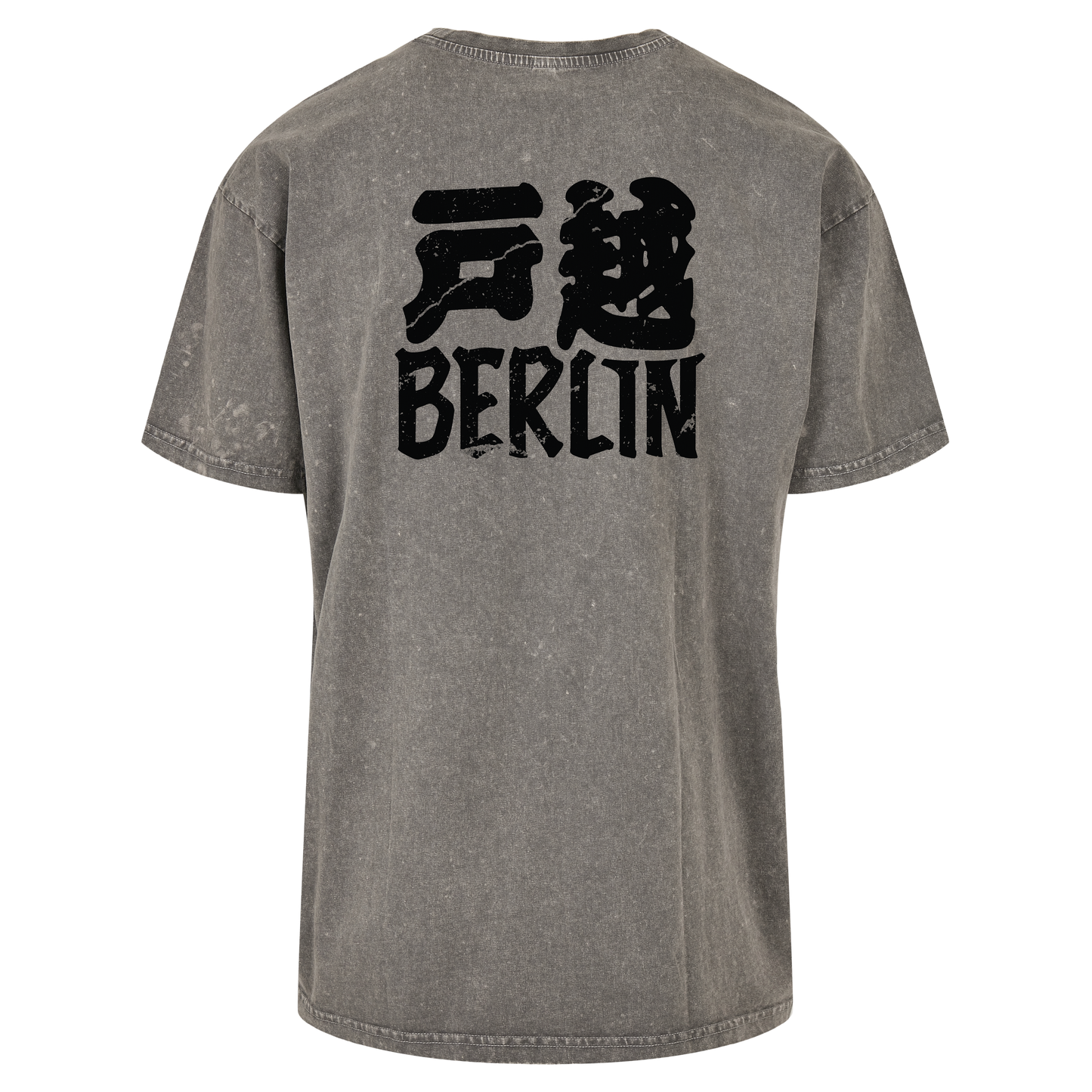 JSF Togoshi x Berlin Tee mockup in asphalt grey acid wash featuring bold Togoshi Berlin back print .