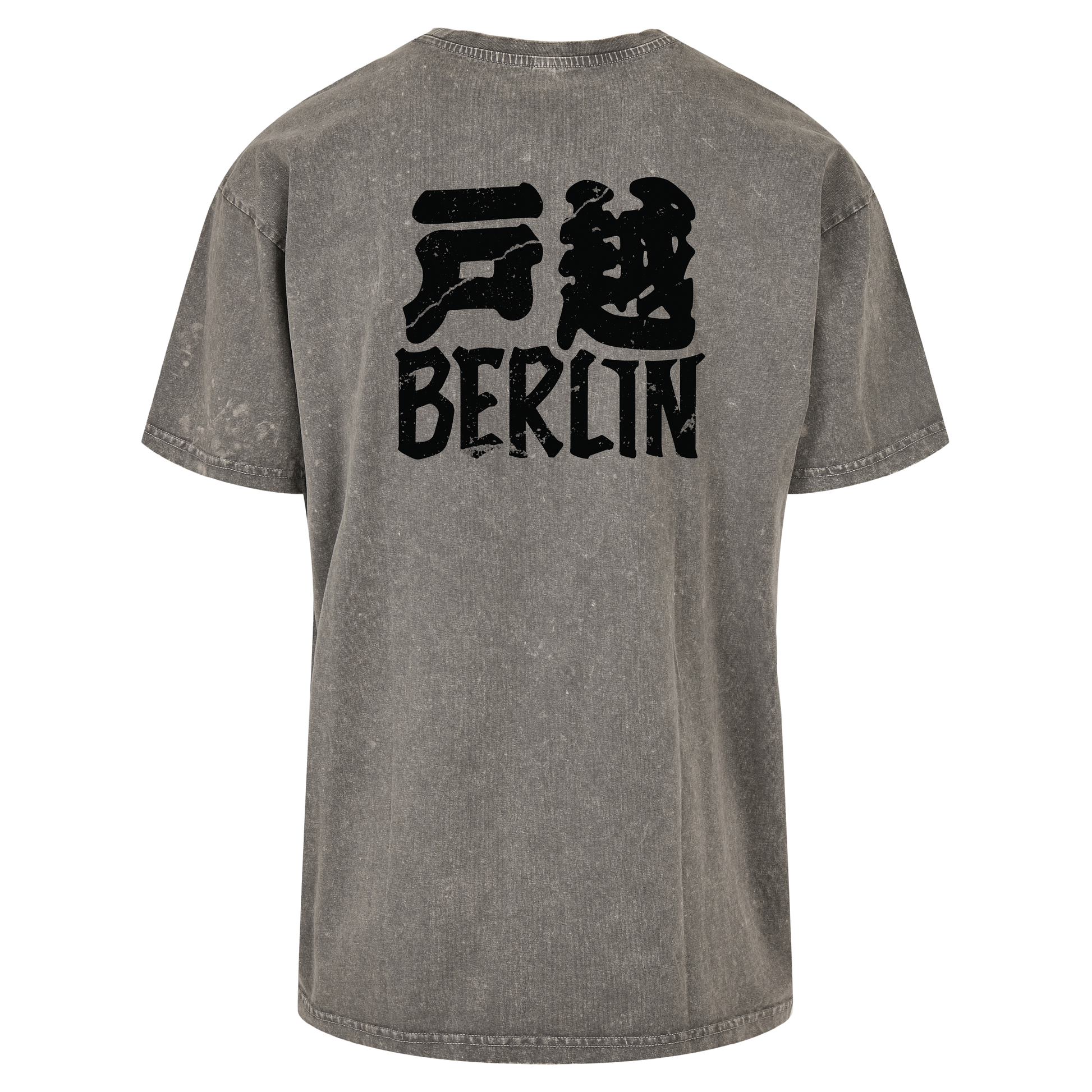 JSF Togoshi x Berlin Tee mockup in asphalt grey acid wash featuring bold Togoshi Berlin back print .