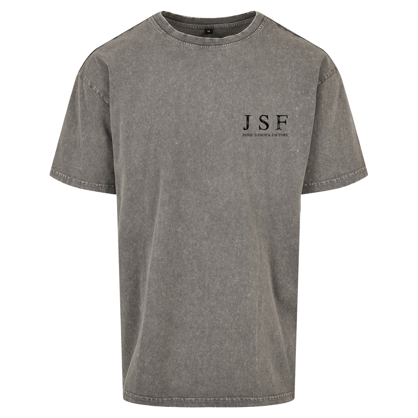 JSF Togoshi x Berlin Tee mockup in asphalt grey acid wash featuring JSF chest logo.
