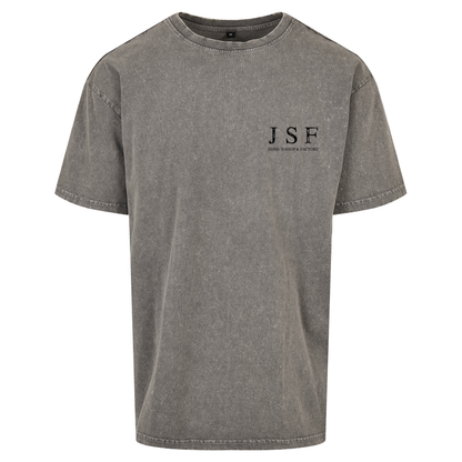 JSF Togoshi x Berlin Tee mockup in asphalt grey acid wash featuring JSF chest logo.