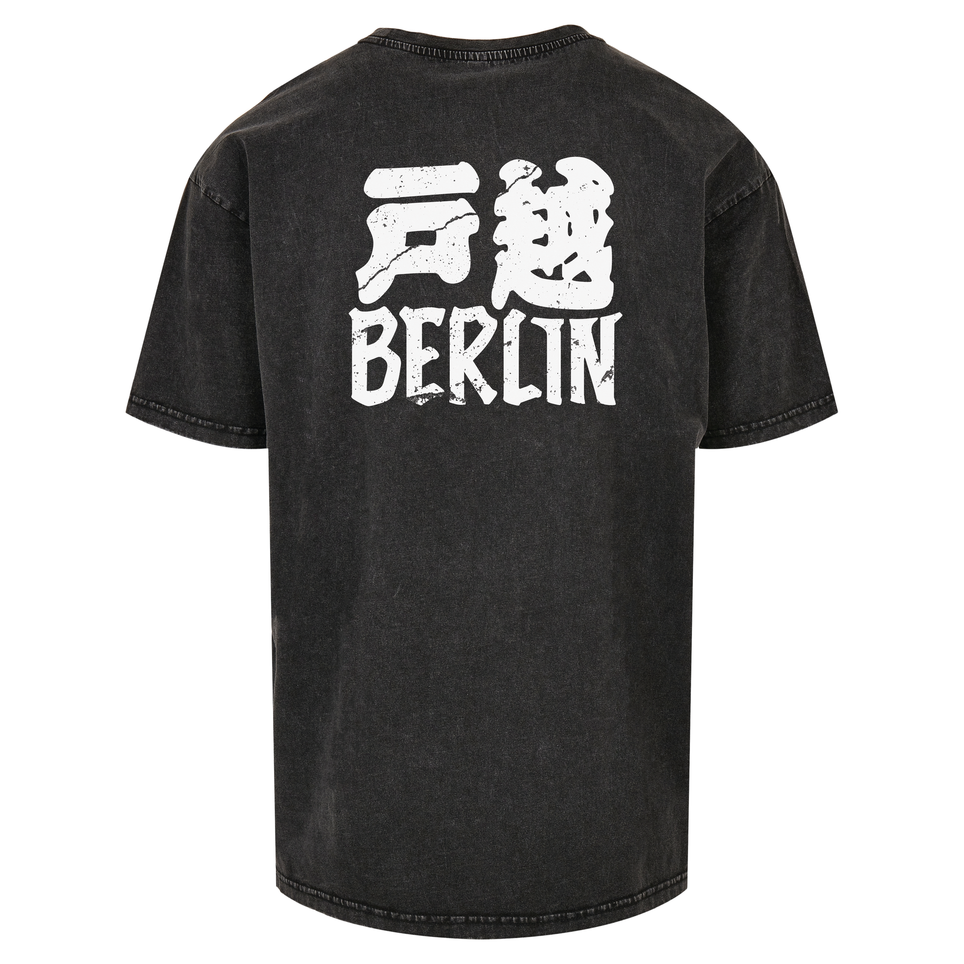 JSF Togoshi x Berlin Tee mockup in black acid wash featuring bold Togoshi Berlin back print.