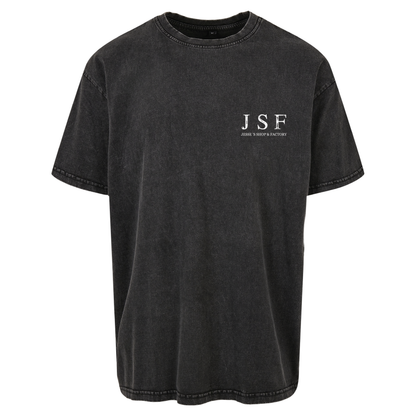 JSF Togoshi x Berlin Tee mockup in black acid wash featuring JSF chest logo.