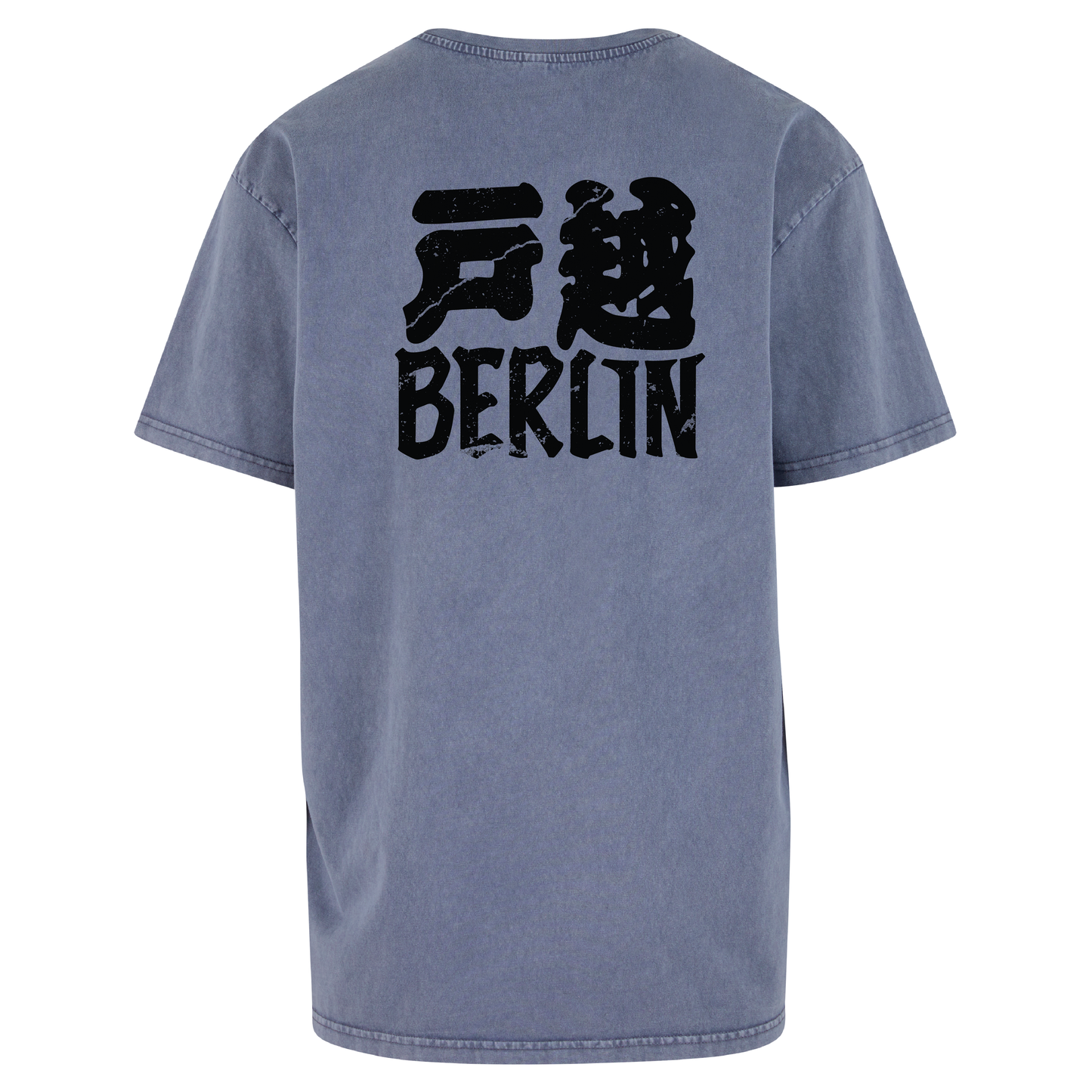 JSF Togoshi x Berlin Tee mockup in vintage blue acid wash featuring bold Togoshi Berlin back print.