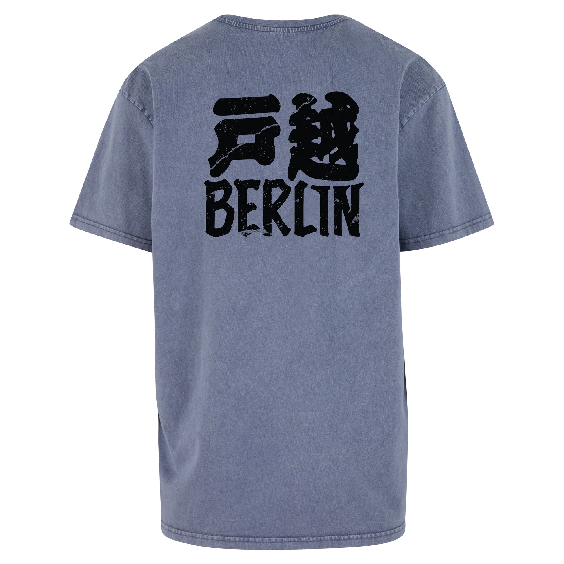 JSF Togoshi x Berlin Tee mockup in vintage blue acid wash featuring bold Togoshi Berlin back print.