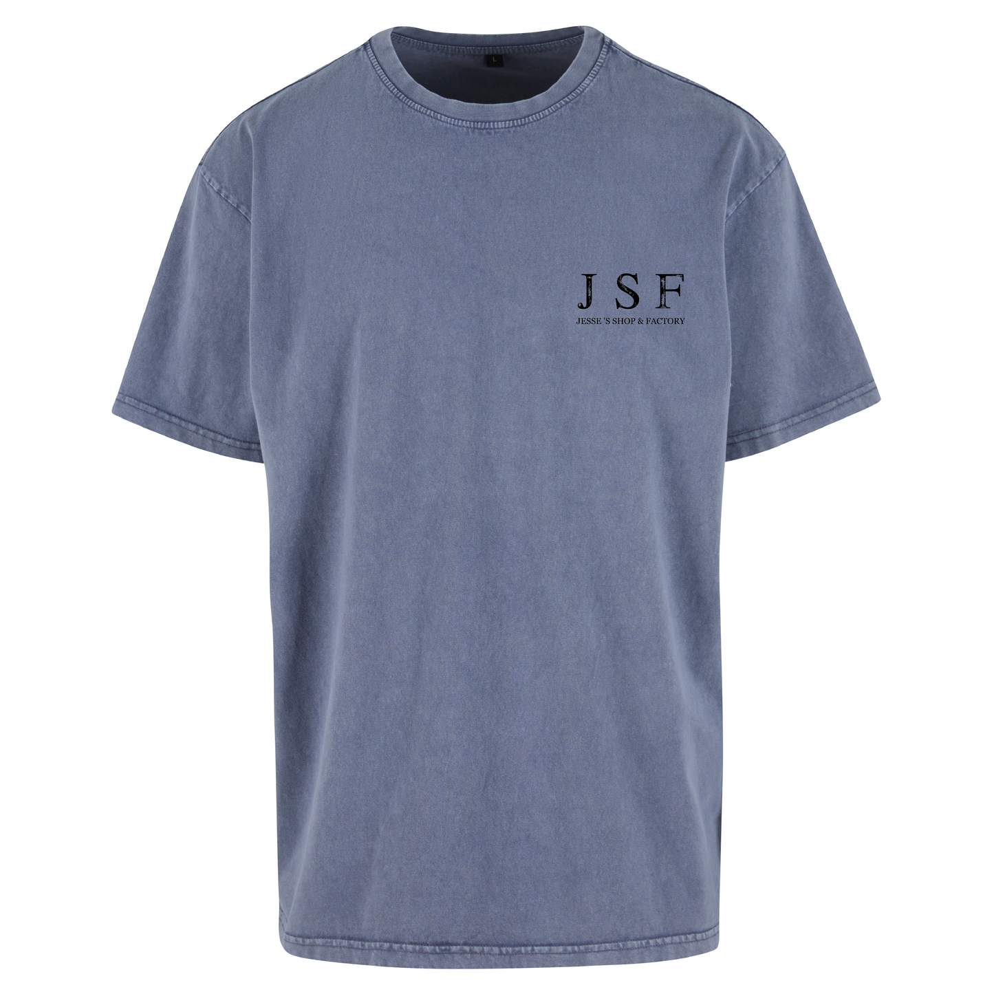 JSF Togoshi x Berlin Tee mockup in vintage blue acid wash featuring JSF chest logo.