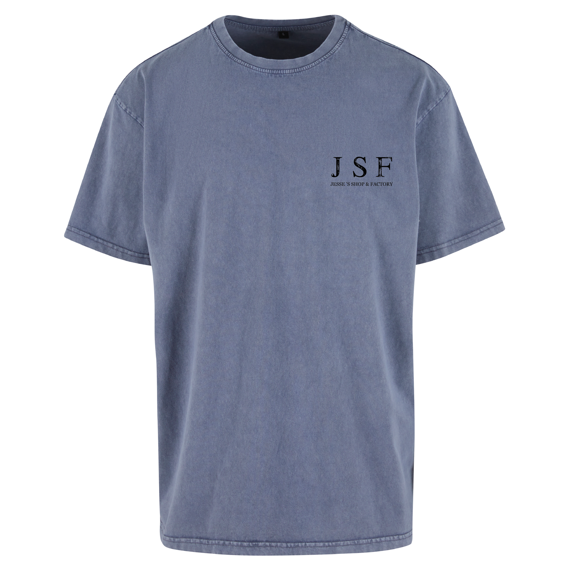 JSF Togoshi x Berlin Tee mockup in vintage blue acid wash featuring JSF chest logo.