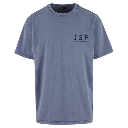 JSF Togoshi x Berlin Tee mockup in vintage blue acid wash featuring JSF chest logo.